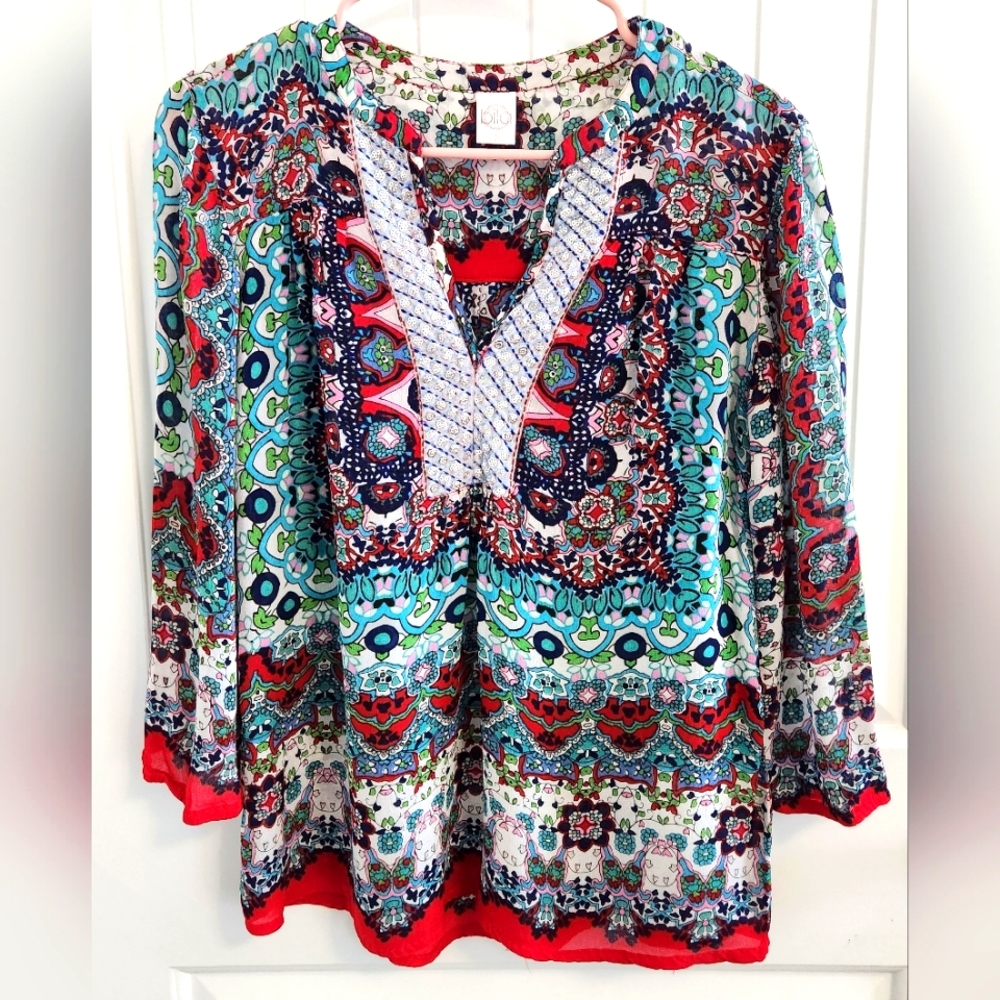 BILA Peasant V Neck Embroidery Paisley Sequins Blue Red Blouse Size Small - Picture 2 of 7